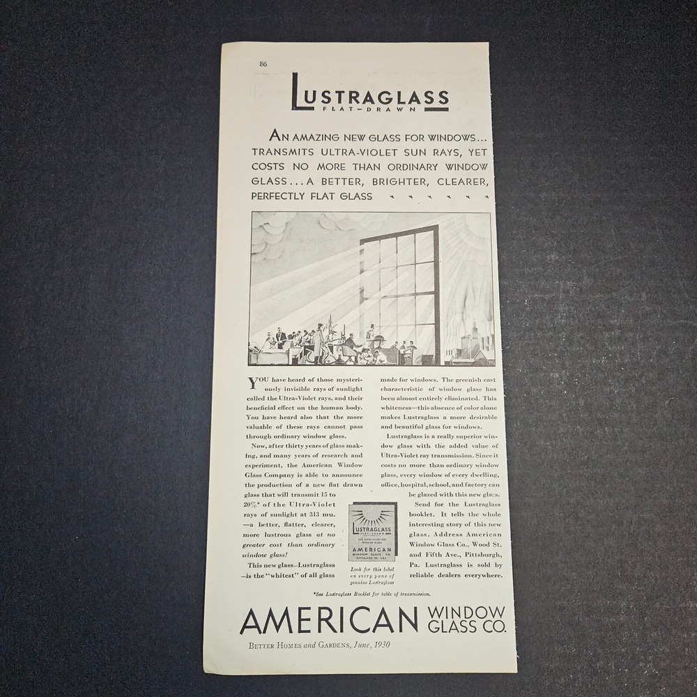 1930 Lustraglass Flat Drawn Window Glass 2/3 Page Black & White Vintage Print Ad